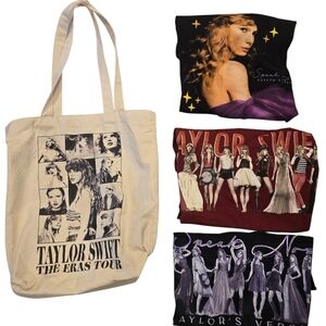 Taylor Swift The Eras Tour 3 Tees And Beige Tote Bag Size Small